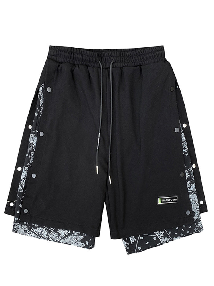 Hong Kong Style Breasted Shorts Men''s Hip Hop Cashew Flower Stitching Loose Fashion