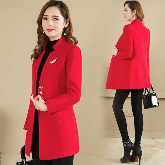 Woolen Coat Mid-length Stand Collar Coat
