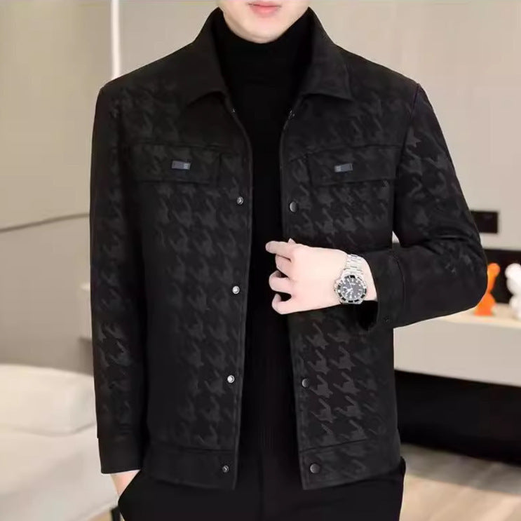Men's Houndstooth Faux Leather Casual Jacket