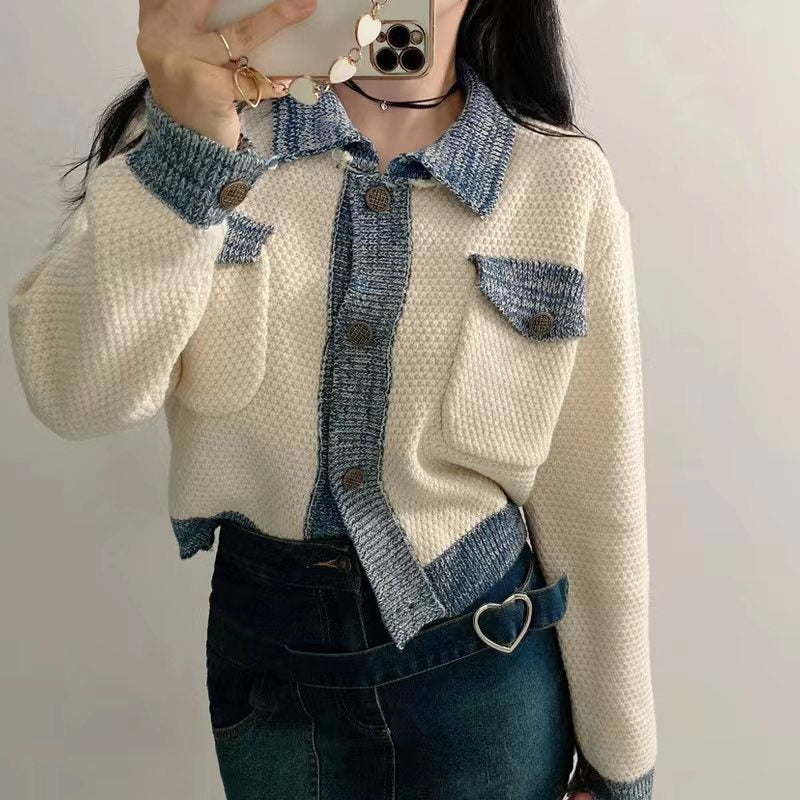 Color-contrasting Stripe Mixed Color Knitted Cardigan Women's Coat
