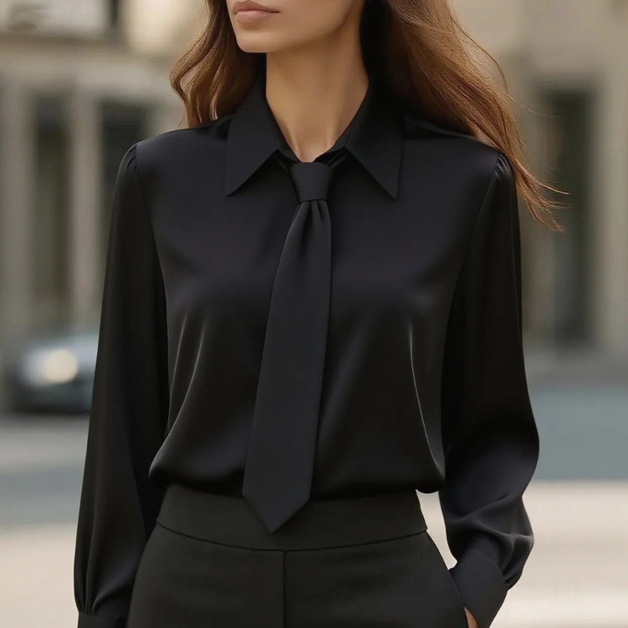 Solid Color Casual Tie Long Sleeve French Shirt Women's Shirt