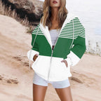 Striped Printed Pocket Long Sleeve Loose Hooded Sweater Zipper Jacket