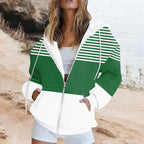 Striped Printed Pocket Long Sleeve Loose Hooded Sweater Zipper Jacket