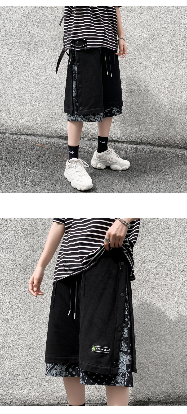 Hong Kong Style Breasted Shorts Men''s Hip Hop Cashew Flower Stitching Loose Fashion