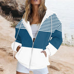Striped Printed Pocket Long Sleeve Loose Hooded Sweater Zipper Jacket