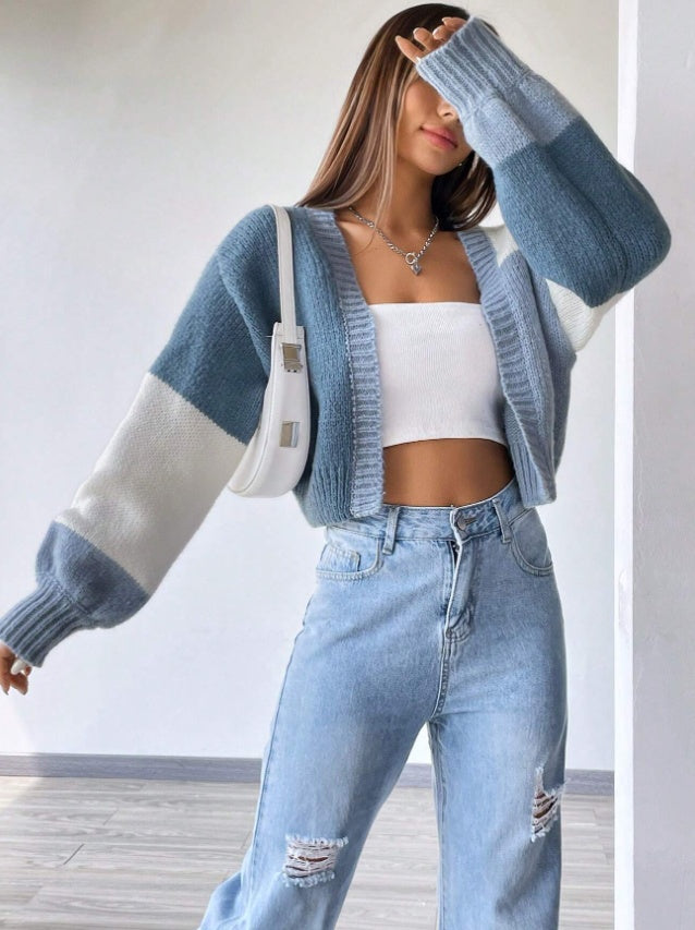 Flirla Colorblock Drop Shoulder Duster Cardigan,Long Sleeve Tops