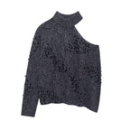 Women's new style shoulder opening hollow bead decoration asymmetrical knitted sweater