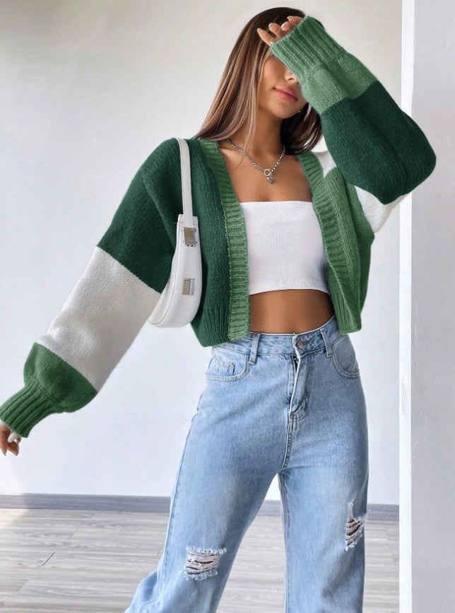 Flirla Colorblock Drop Shoulder Duster Cardigan,Long Sleeve Tops