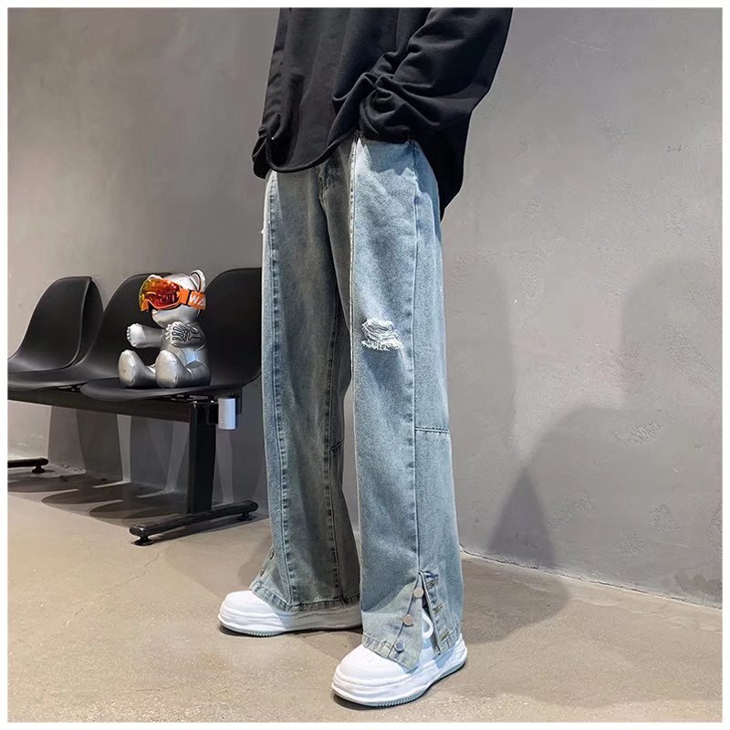 American Letter Embroidered Jeans High Street Fashion Brand Hip Hop Straight-leg Pants