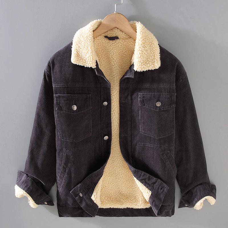 Men's Corduroy Workwear American Retro Lapels Jacket Heavy Imitation Lamb Wool Thickened Cotton-padded Coat
