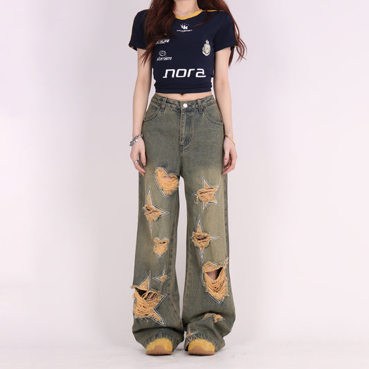 Retro Tattered Jeans Pants Love Wide Leg Jeans