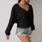 European and American elegant style loose autumn and winter V-neck versatile off-the-shoulder design top