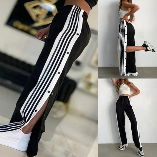 Fashion Trend Stripes Side Button Pants Wide Leg Pants