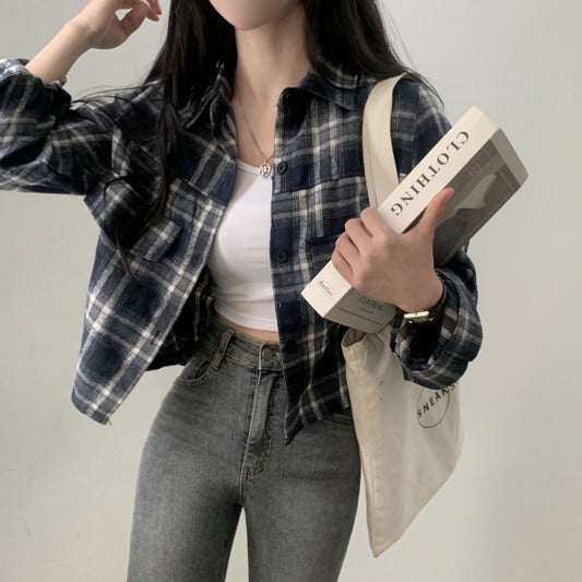 Short Long Sleeve Plaid Shirt Fashion Baggy Coat