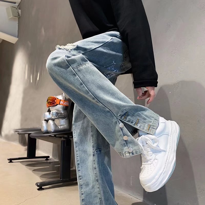American Letter Embroidered Jeans High Street Fashion Brand Hip Hop Straight-leg Pants