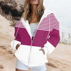 Striped Printed Pocket Long Sleeve Loose Hooded Sweater Zipper Jacket