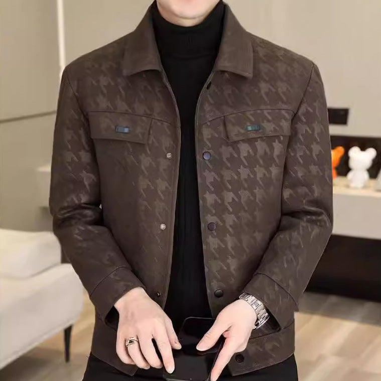 Men's Houndstooth Faux Leather Casual Jacket