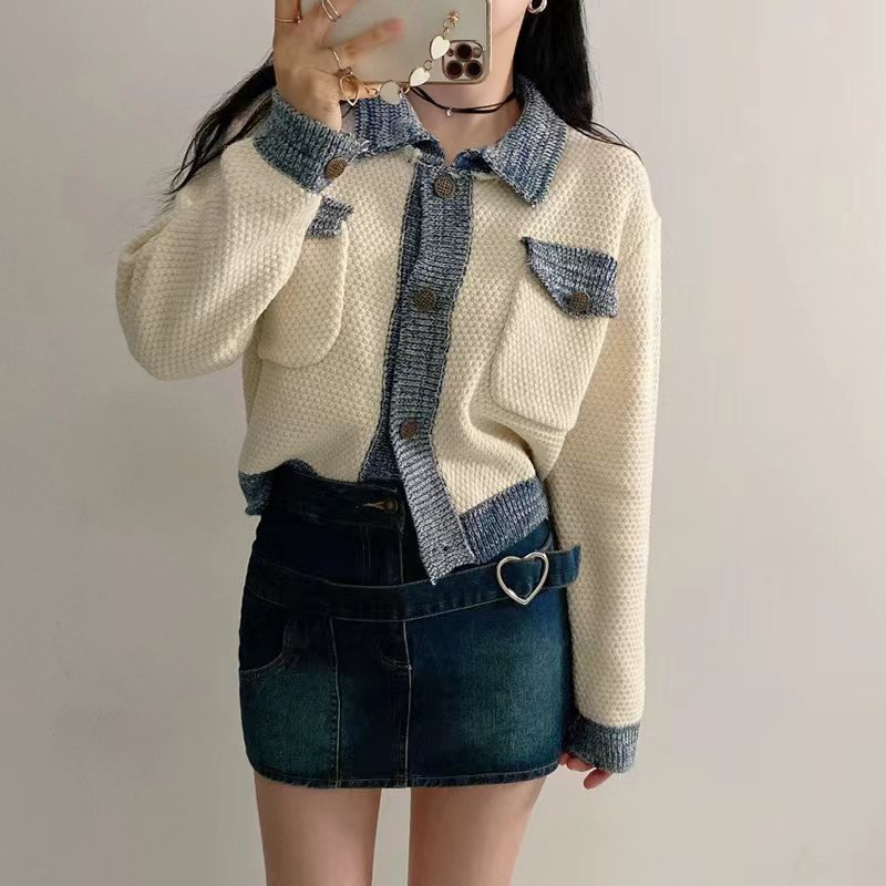 Color-contrasting Stripe Mixed Color Knitted Cardigan Women's Coat