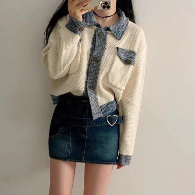 Color-contrasting Stripe Mixed Color Knitted Cardigan Women's Coat
