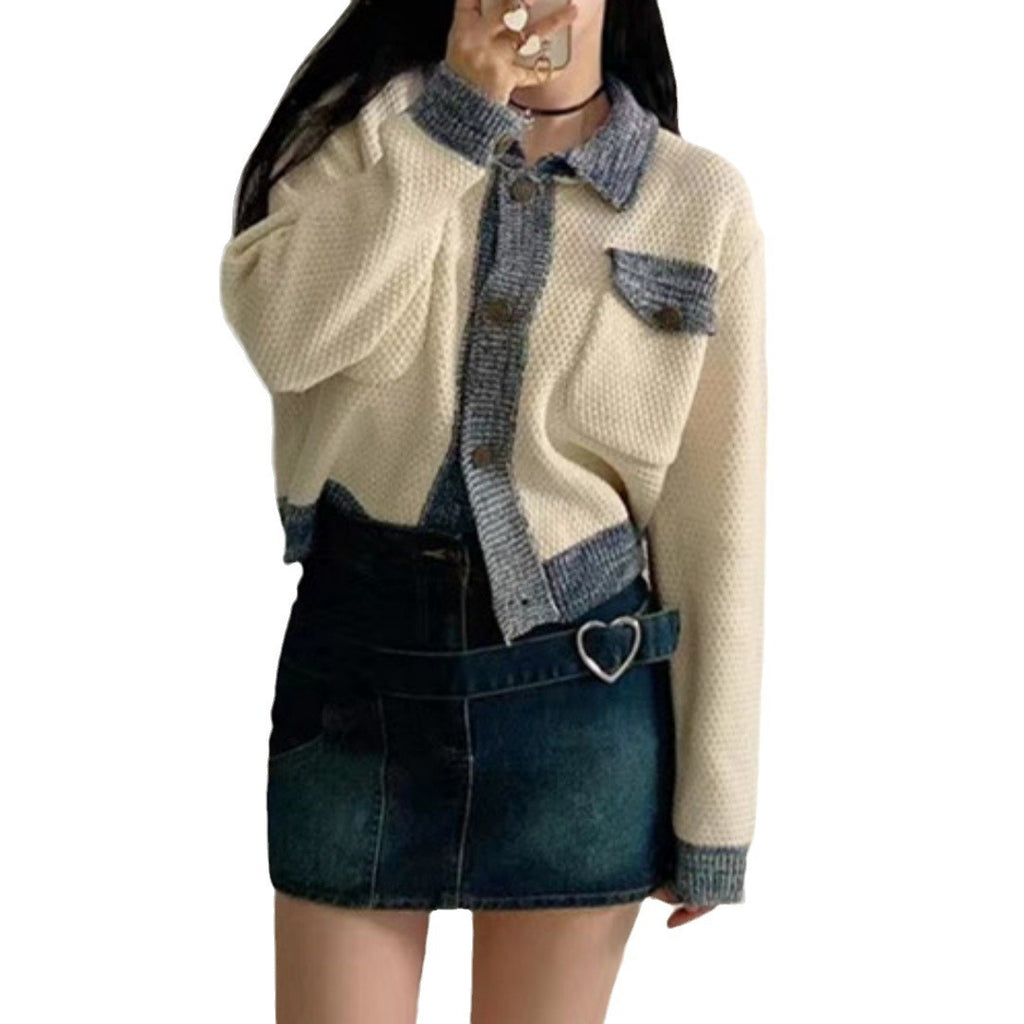 Color-contrasting Stripe Mixed Color Knitted Cardigan Women's Coat