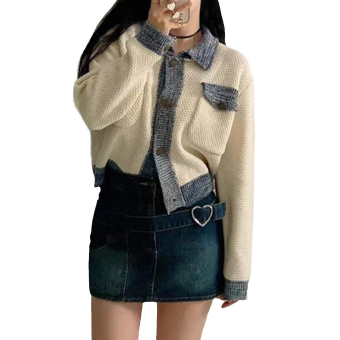 Color-contrasting Stripe Mixed Color Knitted Cardigan Women's Coat