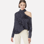 Women's new style shoulder opening hollow bead decoration asymmetrical knitted sweater