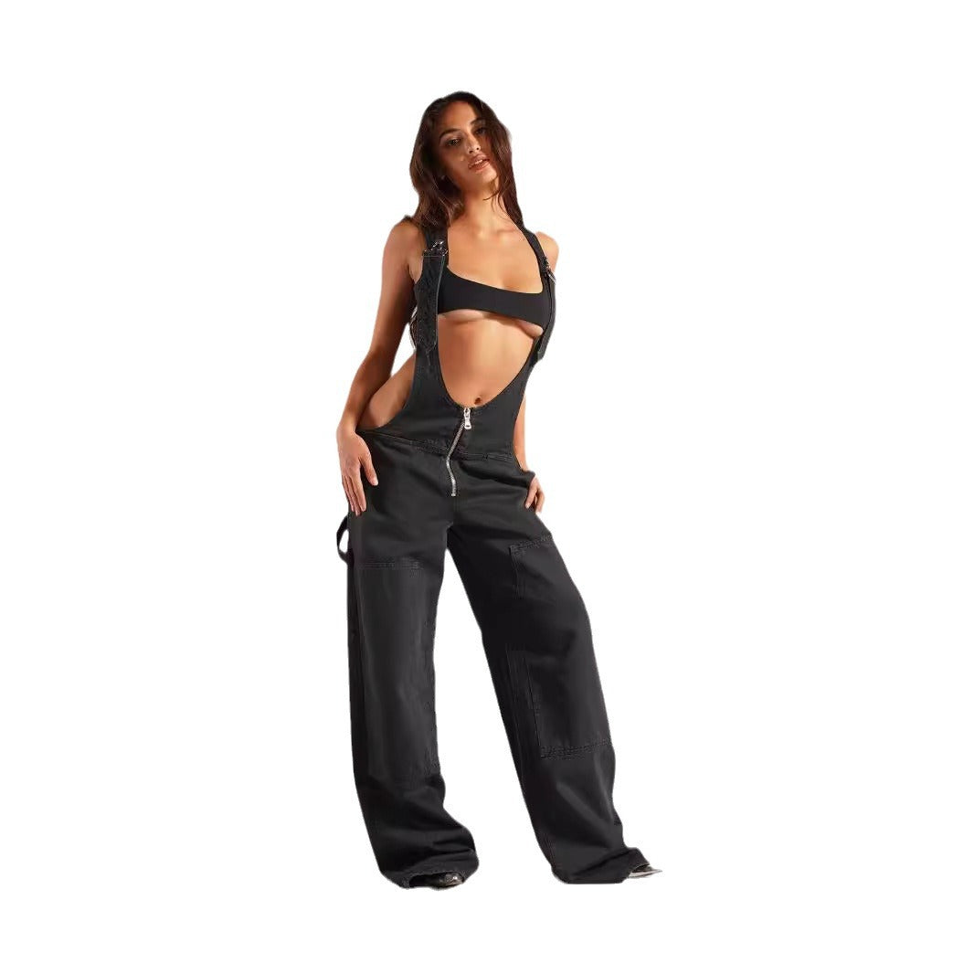 European and American zipper denim overalls women's autumn style loose casual pocket wide leg pants for women