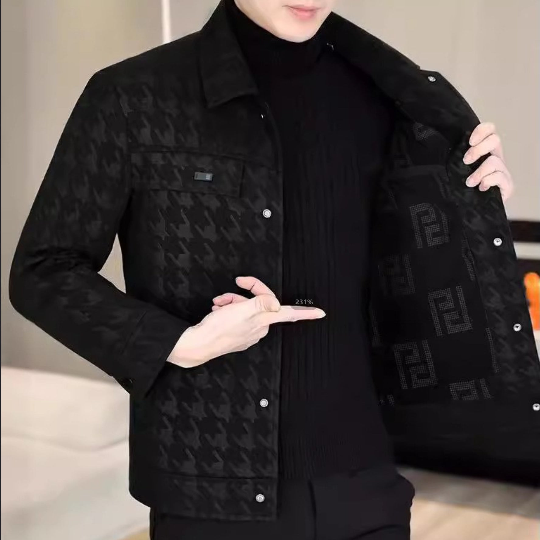 Men's Houndstooth Faux Leather Casual Jacket