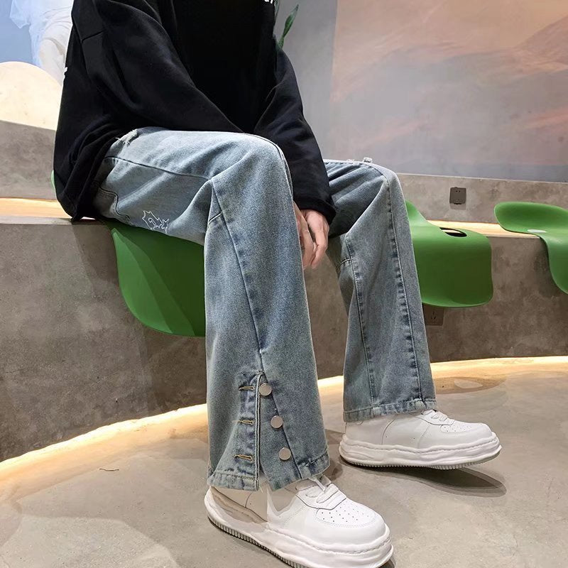 American Letter Embroidered Jeans High Street Fashion Brand Hip Hop Straight-leg Pants