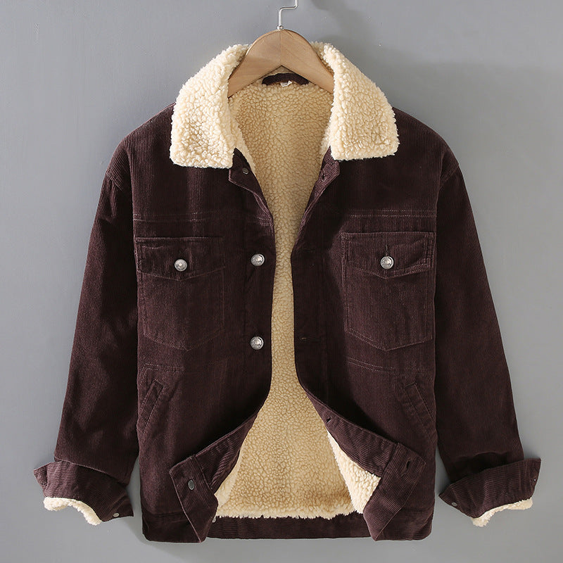 Men's Corduroy Workwear American Retro Lapels Jacket Heavy Imitation Lamb Wool Thickened Cotton-padded Coat
