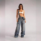 European and American zipper denim overalls women's autumn style loose casual pocket wide leg pants for women