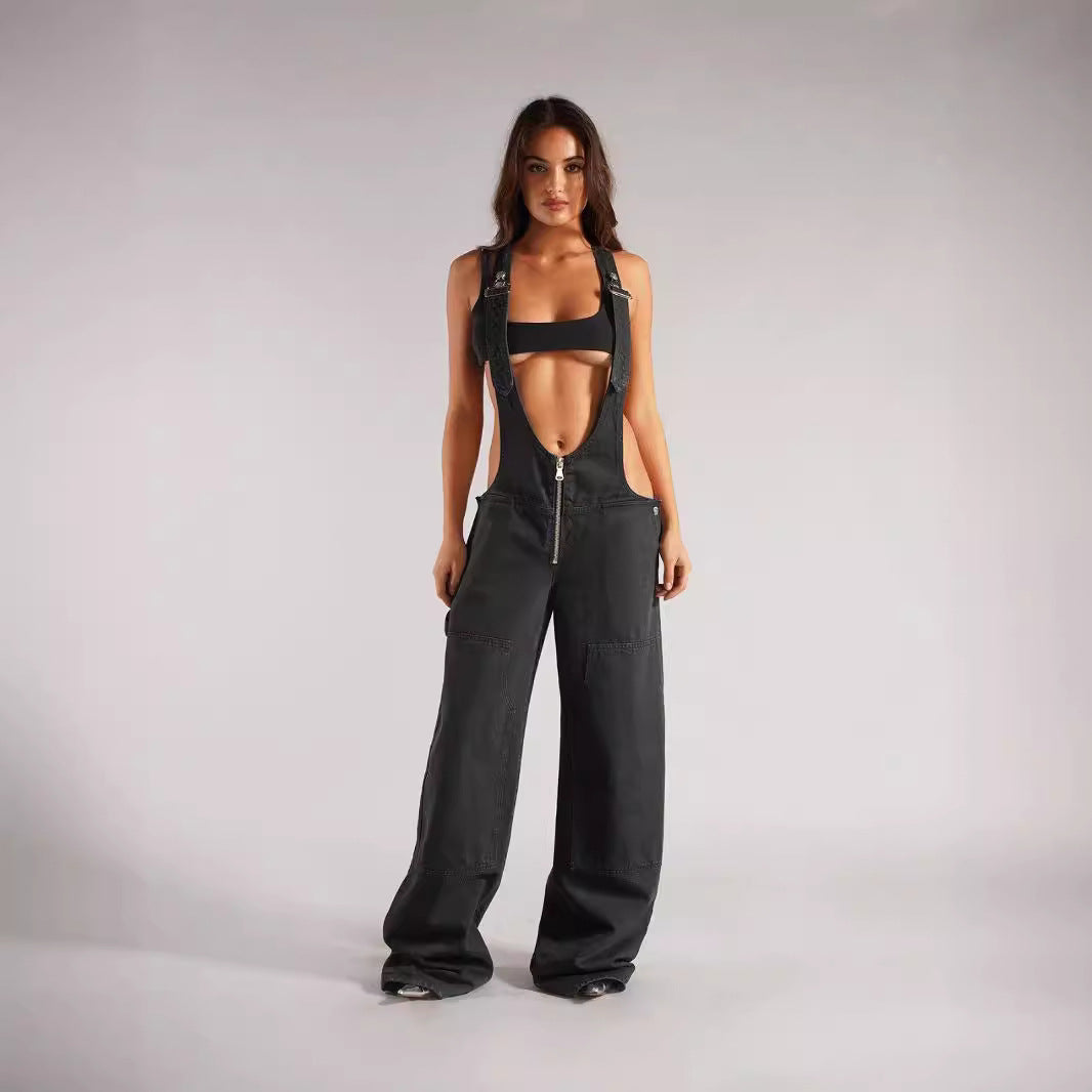 European and American zipper denim overalls women's autumn style loose casual pocket wide leg pants for women