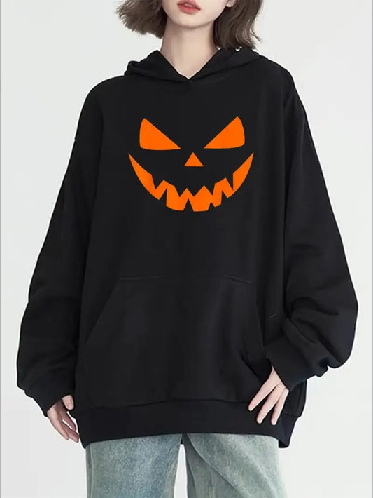 Women's Halloween Graphic Hoodie With Kangaroo Pocket - Casual Long Sleeve Machine Washable