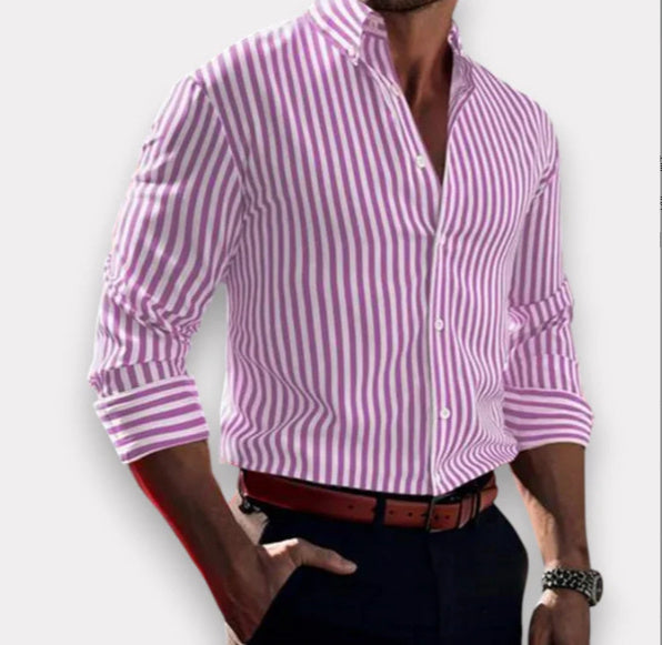 Ins Stripe Printed Long Sleeve Shirt Men Fashion Casual Lapel Button Top Clothing