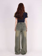 Retro Tattered Jeans Pants Love Wide Leg Jeans