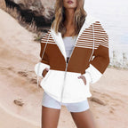 Striped Printed Pocket Long Sleeve Loose Hooded Sweater Zipper Jacket