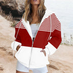 Striped Printed Pocket Long Sleeve Loose Hooded Sweater Zipper Jacket