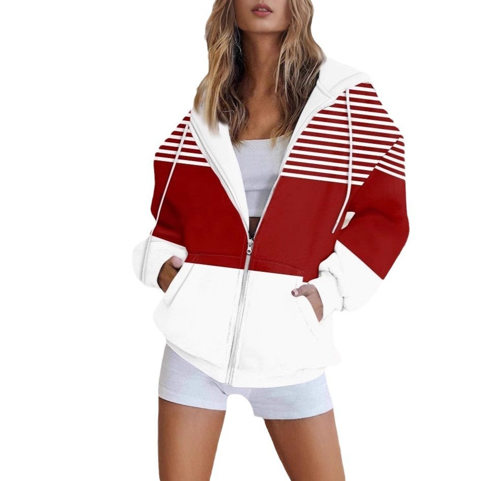 Striped Printed Pocket Long Sleeve Loose Hooded Sweater Zipper Jacket