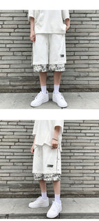 Hong Kong Style Breasted Shorts Men''s Hip Hop Cashew Flower Stitching Loose Fashion