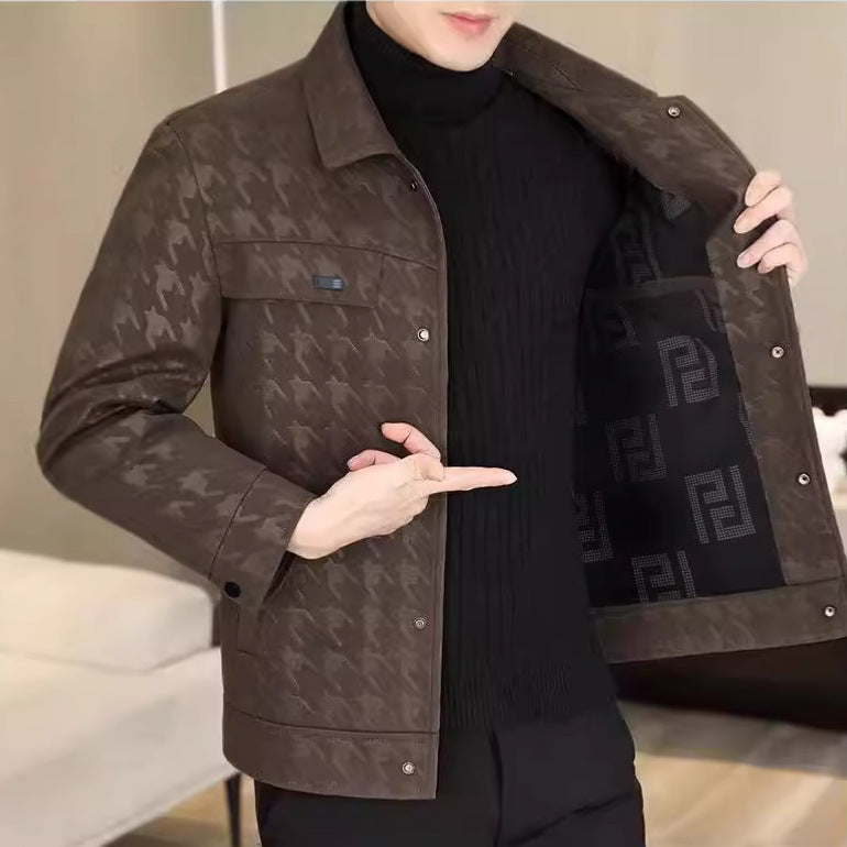 Men's Houndstooth Faux Leather Casual Jacket