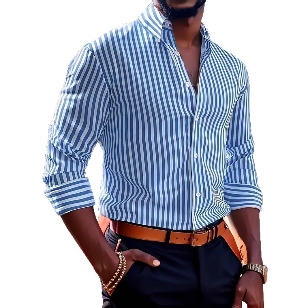 Ins Stripe Printed Long Sleeve Shirt Men Fashion Casual Lapel Button Top Clothing