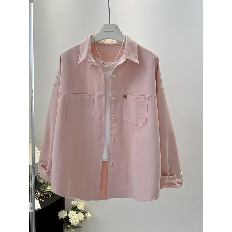 Short Autumn New Korean Style Pocket Loose Long-sleeved Top Shirt For Petite