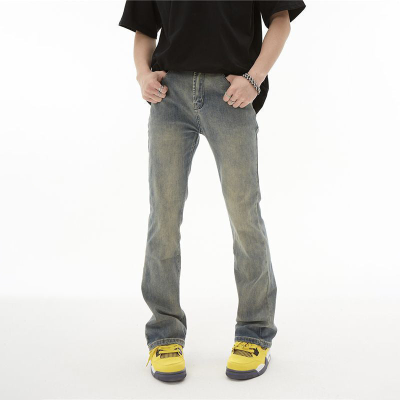 American Retro Yellow Mud Dyed Washed Worn Jeans Men